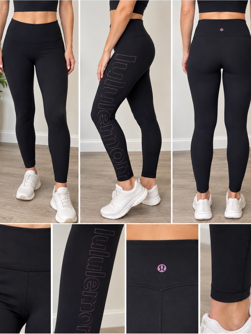 lululemon athletica Black High-Rise Logo Leggings with Subtle Pink Emblem